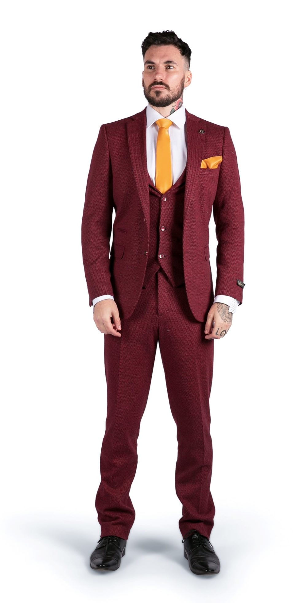 Men’s Wine Red Herringbone Tweed 3 Piece Suit | Burgundy and Black Textured Pattern| Soft Wool Feel| Classic Vintage Style, Modern Slim Fitting | Regular Length | Wedding Prom Work Event