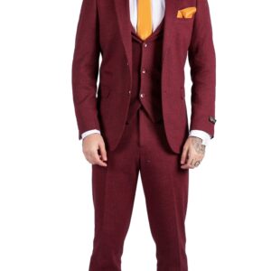 Men’s Wine Red Herringbone Tweed 3 Piece Suit | Burgundy and Black Textured Pattern| Soft Wool Feel| Classic Vintage Style, Modern Slim Fitting | Regular Length | Wedding Prom Work Event