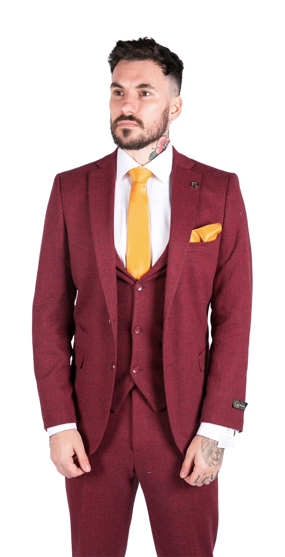 Men’s Wine Red Herringbone Tweed 3 Piece Suit | Burgundy and Black Textured Pattern| Soft Wool Feel| Classic Vintage Style, Modern Slim Fitting | Regular Length | Wedding Prom Work Event